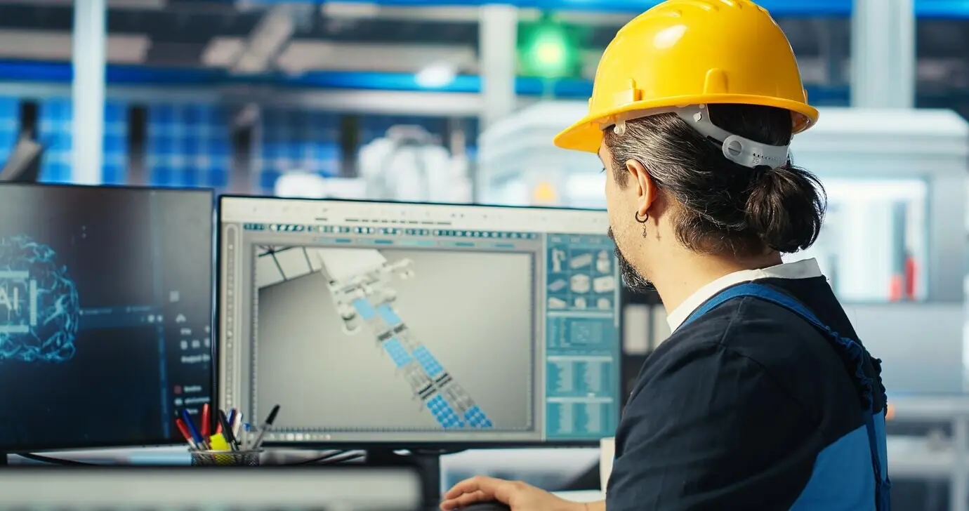 An engineer at a photovoltaics factory uses artificial intelligence to monitor the performance of robot arms.