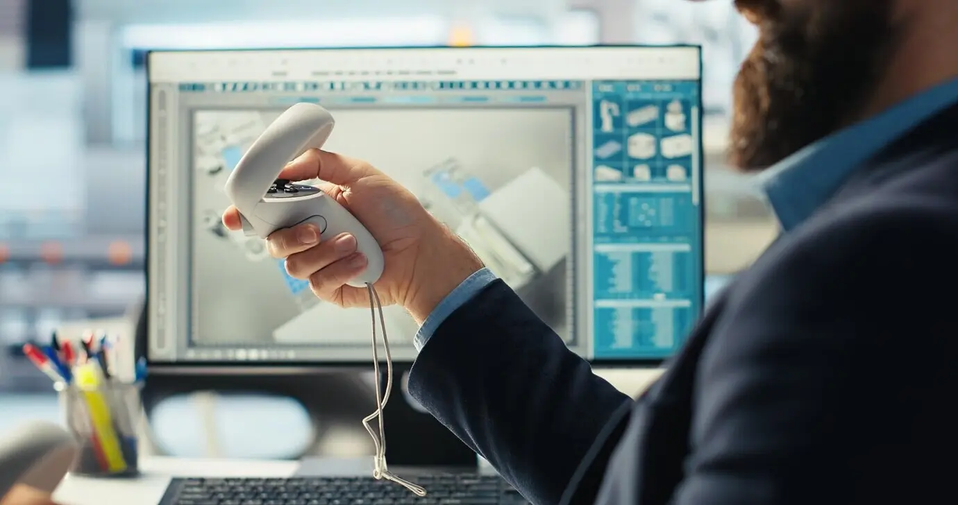 A worker at a photovoltaics factory uses a VR headset to monitor system performance.