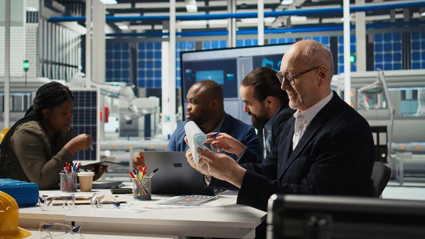 Sustainability department team preparing reports on emissions from a solar panel plant