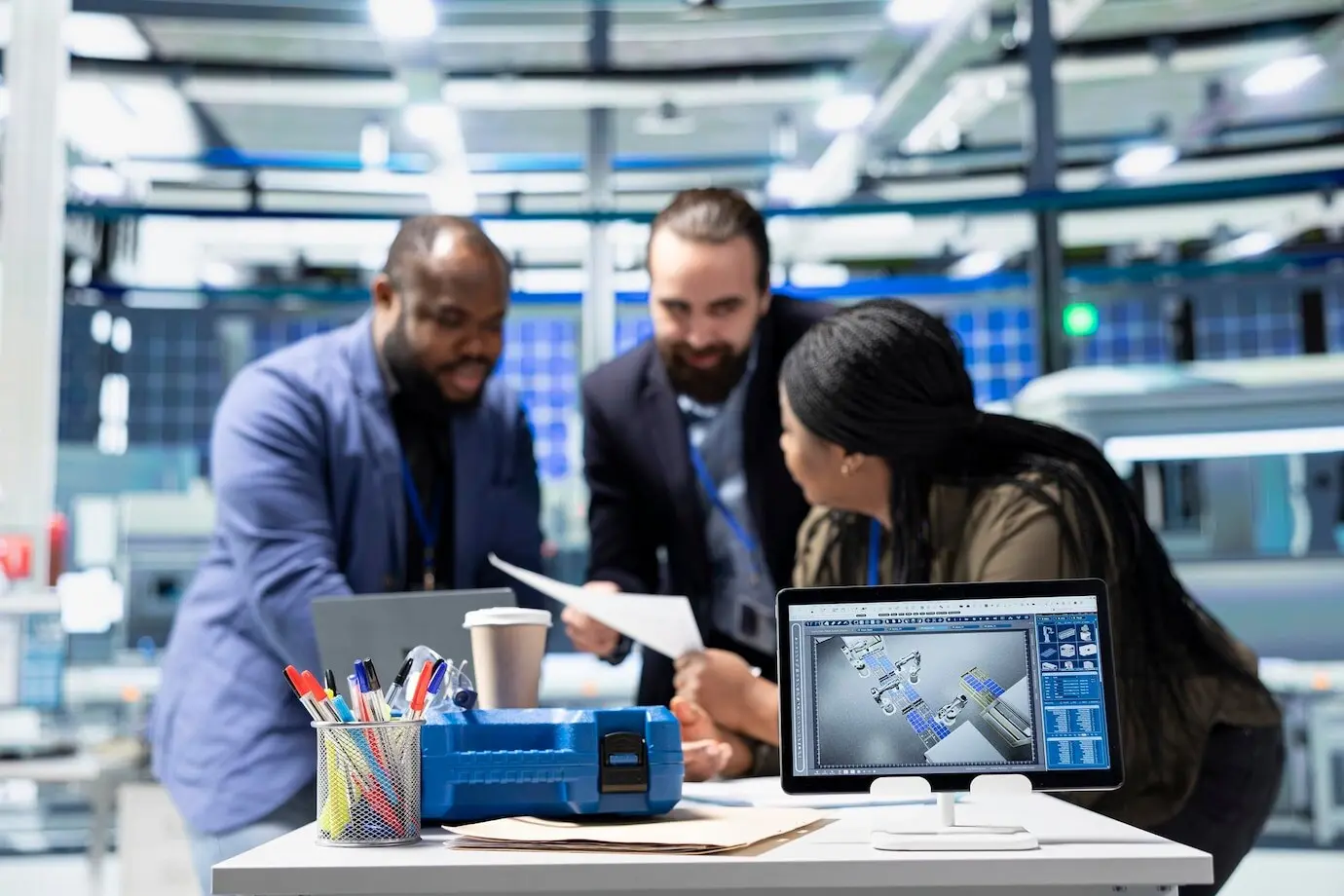 A diverse group of factory supervisors participating in a briefing on production metrics.