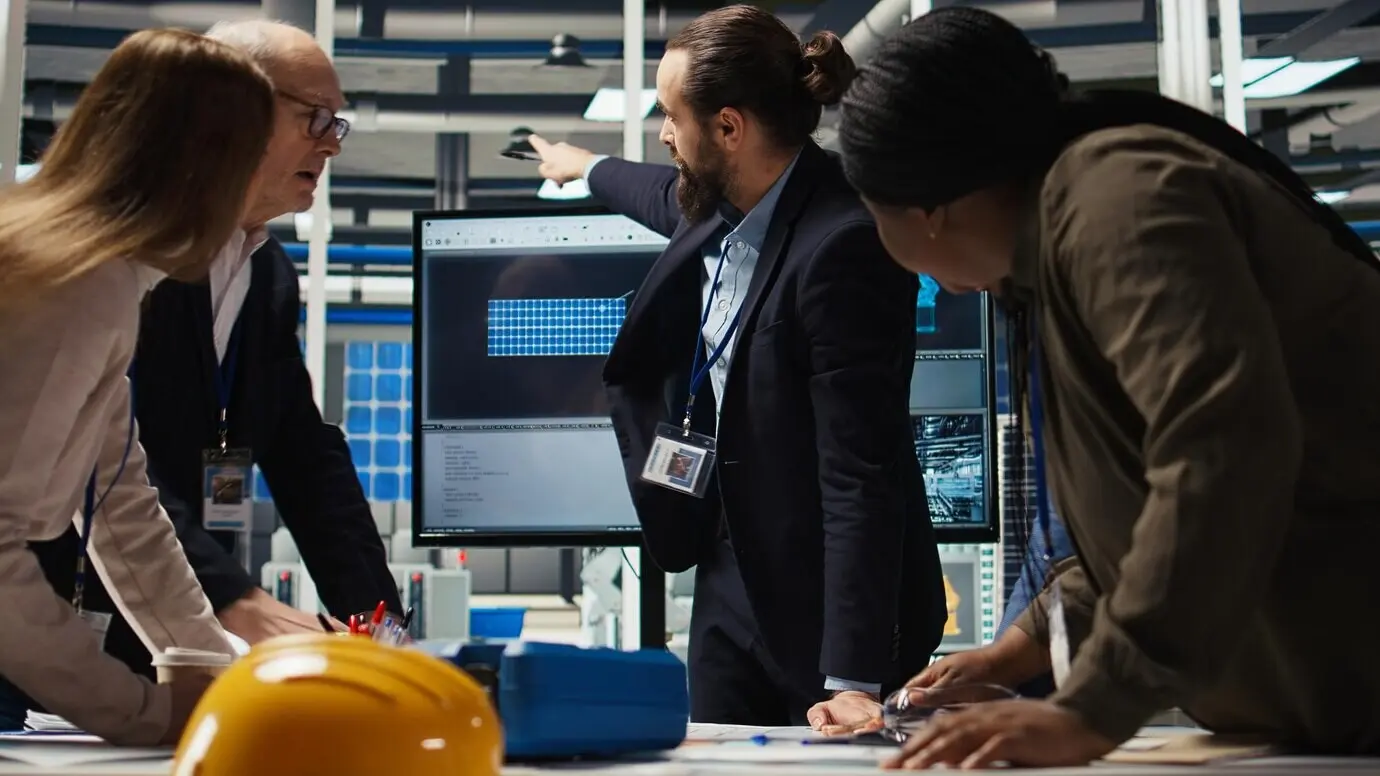 Industrial production managers in a photovoltaics factory reviewing schematics.