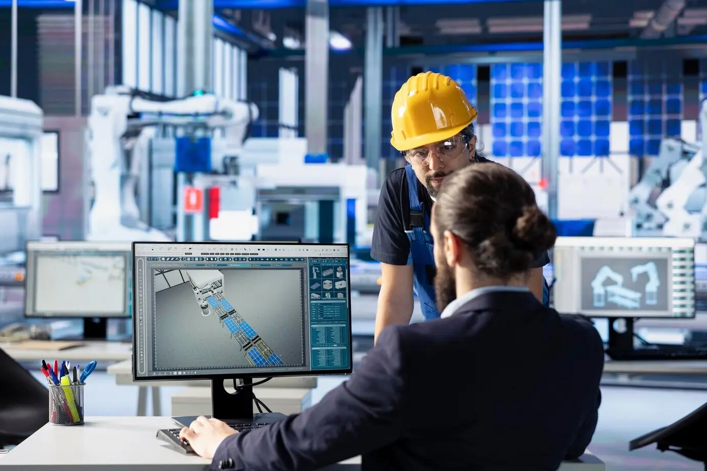 Engineering team at a photovoltaic factory conducting solar panel performance tests