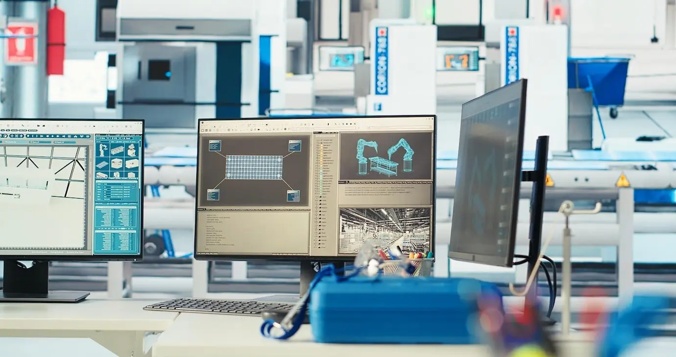 Simulation software displayed on a computer monitor in an empty solar panel plant.